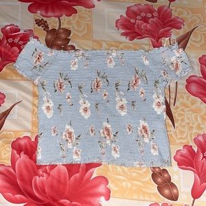 Light Blue Floral Off-Shoulder Top